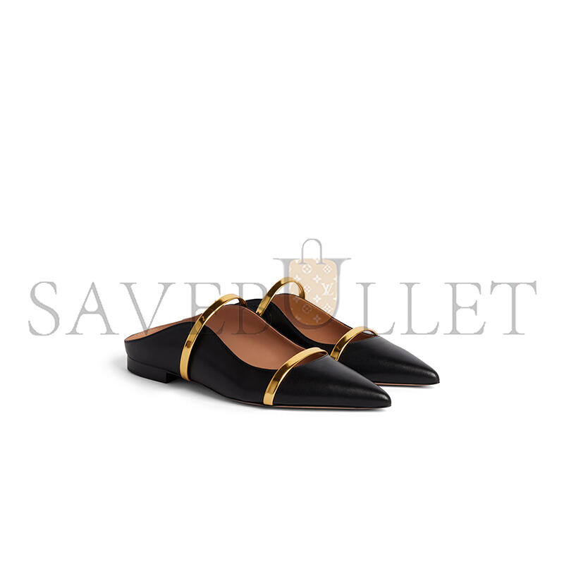 MALONE SOULIERS MAUREEN BLACK & GOLD LEATHER FLAT MULES MAUREENFLAT29BLK MALONE SOULIERS MAUREEN BLACK & GOLD LEATHER FLAT MULES MAUREENFLAT29BLK